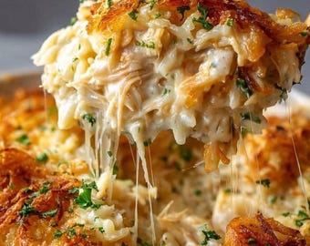 Può includere: Primo piano di una teglia con un piatto cremoso di pollo e pasta. La parte superiore è dorata e croccante, con erbe visibili. Il formaggio è fuso e filante. Un cucchiaio del piatto viene sollevato dalla teglia.