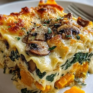 Puede incluir: Una porción de lasaña con capas de pasta, salsa blanca cremosa, espinacas y calabaza butternut. La parte superior es dorada con champiñones y hierbas. Servida en un plato blanco.
