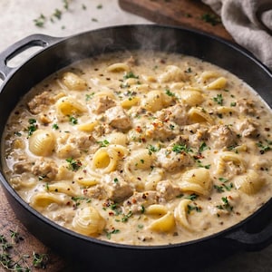 May include: A close-up shot of a creamy pasta dish in a black cast iron skillet. The dish features shell pasta, chunks of sausage, and herbs. Red pepper flakes and fresh herbs are sprinkled on top. Steam rises from the hot food.