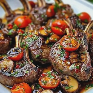Könnte beinhalten: Nahaufnahme eines Tellers mit gekochten Lammkoteletts. Die Koteletts sind mit halbierten Kirschtomaten, geschnittenen Pilzen und frischen Kräutern garniert. Das Fleisch hat eine satte braune Farbe und wird auf einem weißen Teller serviert.