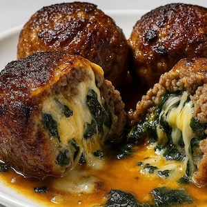 May include: Close-up of four meatballs on a white plate. Two meatballs are whole, with a browned exterior. Two meatballs are cut open, revealing a filling of spinach and melted cheese. The meatballs sit in a pool of orange sauce.