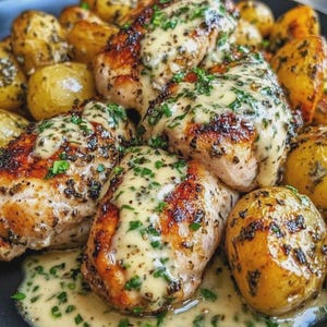 Cremiges Knoblauchhuhn & Bratkartoffeln Rezept: Einfaches Familienessen (PDF-Download)