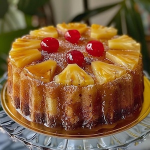 Può includere: Una torta rotonda e dorata, con una glassa lucida, guarnita con fette di ananas e ciliegie rosse. La torta è presentata su un piatto bordato d'oro e un'alzatina di vetro trasparente, un dessert classico.