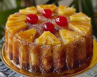 Könnte beinhalten: Ein runder, goldbrauner Kuchen mit glänzender Glasur, belegt mit Ananasscheiben und roten Kirschen. Der Kuchen steht auf einem goldgeränderten Teller und einer transparenten Glas-Kuchenplatte, ein klassisches Dessert.