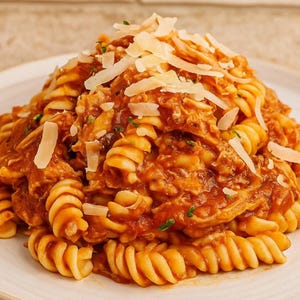 Puede incluir: Plato de pasta fusilli con una rica salsa roja, cubierto con pollo desmenuzado y queso parmesano rallado. La pasta es de color naranja vibrante y el plato está adornado con hierbas frescas.