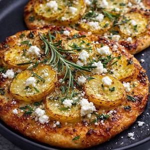 May include: Two potato pizzas on a black plate. The pizzas are topped with sliced potatoes, crumbled white cheese, and fresh herbs. A sprig of rosemary is placed on top of one pizza. The crust is golden brown.