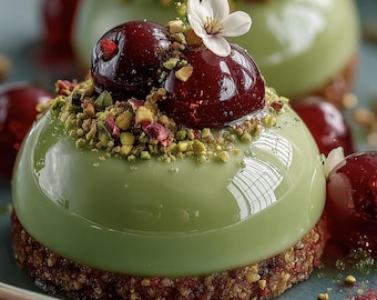 Receta de cúpulas con glaseado de espejo de cereza agria y pistacho (PDF) / Guía de postres elegante de Entremet