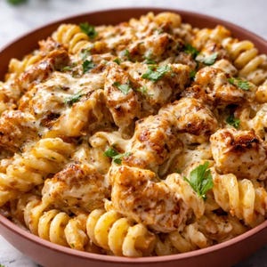 Puede incluir: Primer plano de un plato de pasta con rotini, pollo y una salsa cremosa. El pollo es dorado y el plato está adornado con perejil fresco. La pasta se sirve en un cuenco marrón.