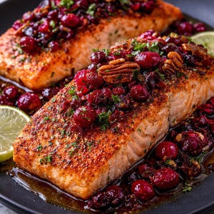 Könnte beinhalten: Zwei gekochte Lachsfilets, belegt mit einer lebendigen Cranberry-Sauce und Pekannüssen, garniert mit frischer Petersilie. Der Lachs hat eine goldbraune Kruste und liegt auf einem dunklen Teller mit Limettenspalten. Ein köstliches und farbenfrohes Gericht.