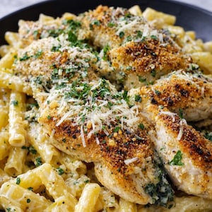 Puede incluir: Primer plano de un plato de pasta con pollo empanado. La pasta es penne, cubierta con una salsa cremosa. El pollo es dorado y está cubierto con pan rallado, perejil y queso rallado. El plato se sirve en un cuenco negro.