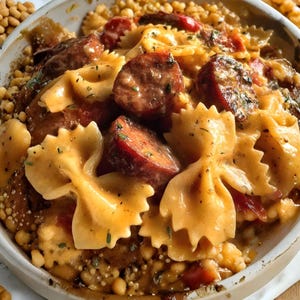 May include: A close-up shot of a bowl filled with pasta, sausage, and sauce. The pasta is bow-tie shaped, and the sausage is sliced into rounds. The sauce is a creamy orange color, and the dish is garnished with herbs.