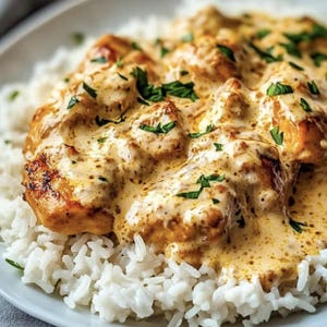 Puede incluir: Primer plano de un plato de pollo con arroz. El pollo está cubierto con una salsa cremosa de color marrón claro y adornado con hierbas verdes picadas. El arroz es blanco y esponjoso, creando un contraste visual atractivo.