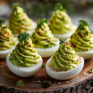 Peut inclure: Des œufs farcis à l'avocat, disposés sur une planche de bois. La garniture verte à l'avocat est dressée pour ressembler à des arbres de Noël, garnie de persil et de paprika. Une entrée festive pour une fête.