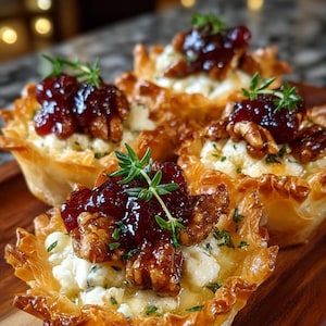 Puede incluir: Primer plano de cuatro aperitivos en copas de masa crujiente. Cada copa está rellena con una cremosa mezcla de queso blanco, cubierta con mermelada roja, nueces pecanas y ramitas de hierbas verdes. Presentado en una tabla de madera.