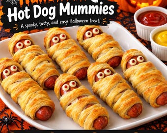 Könnte beinhalten: Ein weißer quadratischer Teller enthält sieben in goldbraune Teigstreifen gewickelte Hotdogs, die wie Mumien aussehen, jeder mit zwei kleinen weißen Zuckeraugen mit schwarzen Pupillen. Zwei kleine weiße Schalen enthalten Ketchup und Senf.