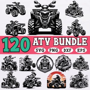 以下が含まれることがあります： 120のデザインが施された、白黒のATVバンドルグラフィック。さまざまな環境でのATVとライダーのイラストが含まれています。「ATV BUNDLE」というテキストと、ファイルタイプインジケーター：SVG、PNG、DXF、EPS。