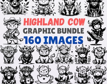 Highland Cow SVG PNG EPS Bundle, 160 Cute Cow Clipart Images, Baby Highland Cattle Graphics, Farm Animal Cutting Files Commercial Use