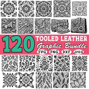 Puede incluir: Un paquete gráfico digital de 120 ilustraciones en blanco y negro de diseños de cuero repujado. Los diseños incluyen patrones florales, formas geométricas y motivos occidentales. El texto "Tooled Leather Graphic Bundle" se muestra en una pancarta rosa con las palabras "SVG, PNG, DXF, JPEG" debajo.