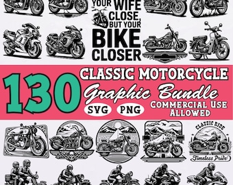 Motorcycle SVG PNG Bundle: Retro Biker Clipart, Rider Quotes