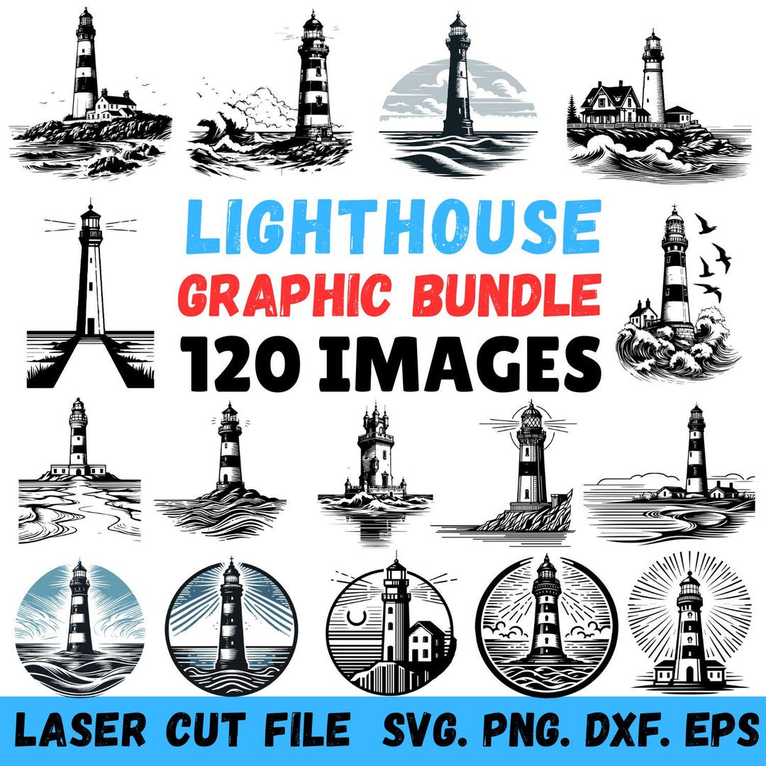 Vintage Lighthouse Graphic Bundle for Laser Cutting | 120 Coastal ...