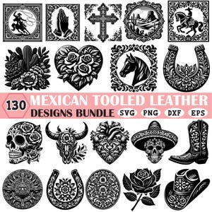 Op de afbeelding: Een verzameling van 130 Mexicaanse ontwerpen voor leerbewerking in zwart en wit. De ontwerpen omvatten een cowboy die een stier vangt, een kruis, een paard, een hoefijzer, een schedel, een hart, een stierschedel, een roos en een cowboylaars.