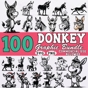 100 Donkey  Bundle for Cricut and Print – Cartoon and Realistic Donkey Clipart for Commercial Use