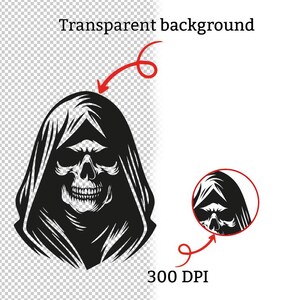 May include: Black and white illustration of a grim reaper skull wearing a hooded cloak. The image includes the text "Transparent background" and "300 DPI". A smaller circular version of the image is also present.