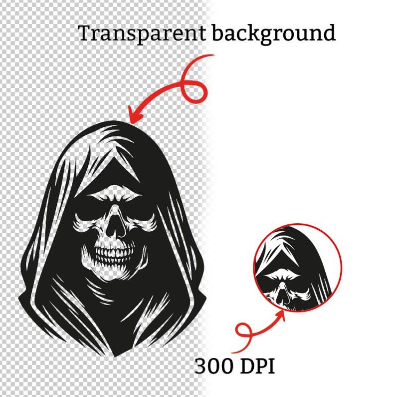 May include: Black and white illustration of a grim reaper skull wearing a hooded cloak. The image includes the text "Transparent background" and "300 DPI". A smaller circular version of the image is also present.