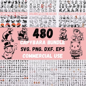 Könnte beinhalten: Ein rosa Grafik mit dem Text "CAPYBARA BUNDLE" und der Zahl "480" in Schwarz. Das Bild zeigt verschiedene Capybara-Illustrationen, darunter einige auf Rollern und Skateboards. Der Text "SVG. PNG. DXF. EPS COMMERCIAL USE" ist ebenfalls vorhanden.