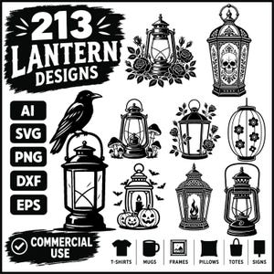 May include: A collection of 213 black and white lantern designs featuring various motifs including a crow, roses, skulls, mushrooms, pumpkins, bats, and floral patterns. The image includes text labels for file formats AI, SVG, PNG, DXF, EPS and commercial use.