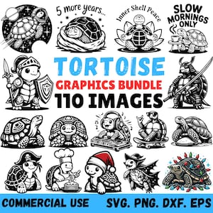 May include: A collection of black and white tortoise graphics. The image includes various tortoise illustrations, such as a tortoise in space, a tortoise wearing headphones, and a tortoise dressed as a chef. Text includes "TORTOISE GRAPHICS BUNDLE 110 IMAGES" and "COMMERCIAL USE SVG. PNG. DXF. EPS."