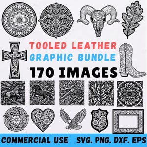Könnte beinhalten: Ein schwarz-weißes Grafikpaket mit 170 Bildern zum Thema Lederbearbeitung. Enthält Illustrationen eines Kreuzes, eines Cowboy-Stiefels, eines Adlers, floraler Designs und eines Widder-Schädels. Der Text lautet "TOOLED LEATHER GRAPHIC BUNDLE 170 IMAGES".