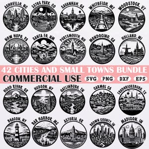 42 Cities and Small Towns SVG Bundle for Cricut and Laser Cutting | Vintage Line Art Clipart | Commercial Use USA Travel Design