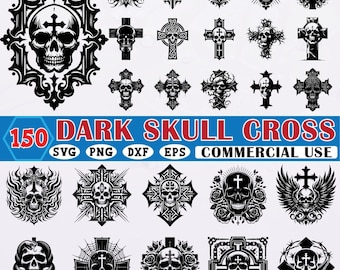 150 Dark Skull Cross SVG Bundle, Gothic  Religious  Clipart, Cross  Cricut Files