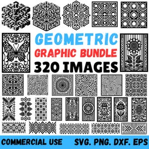 Puede incluir: Una colección de 320 imágenes gráficas geométricas en blanco y negro. Las imágenes incluyen varios patrones, laberintos y diseños florales. El texto en la imagen dice "GEOMETRIC GRAPHIC BUNDLE 320 IMAGES" y "COMMERCIAL USE SVG. PNG. DXF. EPS."