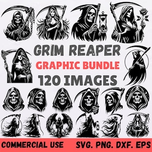 May include: A collection of black and white Grim Reaper graphic images. The text "GRIM REAPER GRAPHIC BUNDLE 120 IMAGES" is displayed. The bottom of the image reads "COMMERCIAL USE SVG. PNG. DXF. EPS."