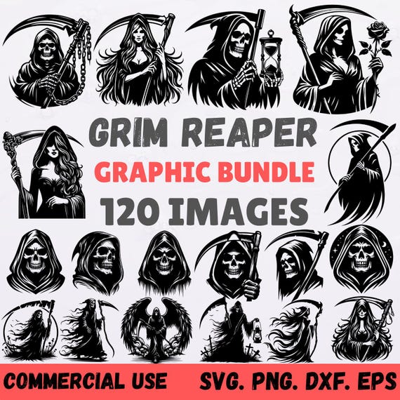 Grim Reaper SVG Bundle: 120 Gothic Skull, Scythe Designs (Digital Download)