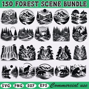 Forest Scene SVG Bundle for Cricut Silhouette, Cabin Mountain Bear Waterfall Landscape Clipart, Outdoor Nature Files