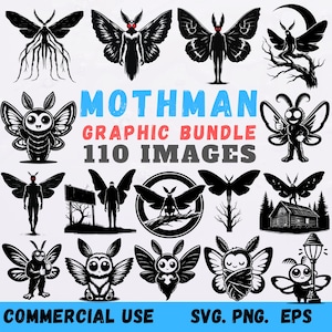 May include: A graphic bundle featuring 110 black and white Mothman images. The illustrations include various Mothman designs, some with human-like figures and others with cartoonish features. Text includes "Mothman Graphic Bundle" and "Commercial Use".