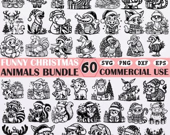 Paquete SVG de 60 divertidos animales navideños: imágenes prediseñadas navideñas para Cricut