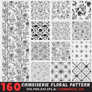 Puede incluir: Una colección de 160 patrones florales de Chinoiserie en blanco y negro. Los patrones incluyen varios diseños florales, tallos de bambú y arreglos botánicos intrincados. La imagen incluye el texto "160 CHINOISERIE FLORAL PATTERN SVG.PNG.DXF.EPS.AI -COMMERCIAL USE."