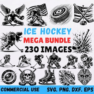 Puede incluir: Colección de ilustraciones en blanco y negro con temática de hockey sobre hielo. Las imágenes incluyen jugadores, discos, palos, máscaras de portero y patines. El texto dice "ICE HOCKEY MEGA BUNDLE 230 IMAGES" y "COMMERCIAL USE SVG. PNG. DXF. EPS."