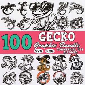 Op de afbeelding: Een verzameling van 100 gecko grafische ontwerpen in SVG- en PNG-formaten. De ontwerpen bevatten verschillende gecko-illustraties, waaronder geckos met zonnebrillen, pompoenen vasthoudend en heksenhoeden dragend. De tekst "GECKO Graphic Bundle" wordt weergegeven.