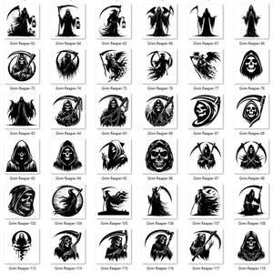 May include: A collection of black and white Grim Reaper illustrations. Each design features the Grim Reaper in various poses, holding a scythe, with some designs including text. The images are suitable for graphic design projects.
