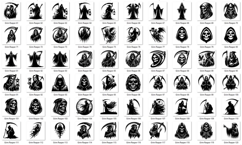 May include: A collection of black and white Grim Reaper illustrations. Each design features the Grim Reaper in various poses, holding a scythe, with some designs including text. The images are suitable for graphic design projects.