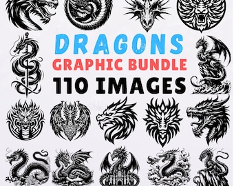 110 Dragons SVG Clipart Graphics Pack, Fantasy Dragon Designs for Cricut Silhouette