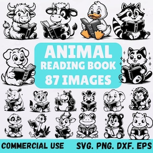 May include: Black and white illustrations of various animals reading books. The image includes a cow, duck, raccoon, dog, cat, rhino, cheetah, hippo, zebra, elephant, lion, panda, ostrich, deer, frog, bear, and squirrel. Text reads "ANIMAL READING BOOK 87 IMAGES".