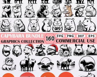 Kapybara SVG-paket | 160 söta kapybara-clipartbilder för Cricut-silhuett | Roliga kapybara-julfödelsedagsdesigner