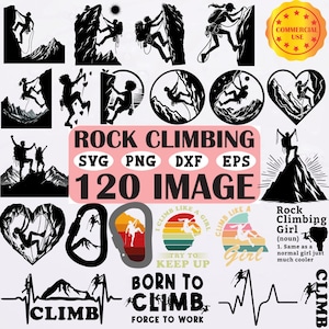Peut inclure: Une collection de 120 images sur le thème de l'escalade en formats SVG, PNG, DXF et EPS. Les motifs comprennent des silhouettes d'alpinistes, des sommets montagneux et des phrases motivantes comme "Born to Climb".