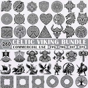 May include: A collection of 260 Celtic and Viking-themed vector graphics in black and white. The designs include intricate knotwork, shields, axes, Viking ships, and warrior figures. Text reads "260 Celtic Viking Bundle" and "Commercial Use".